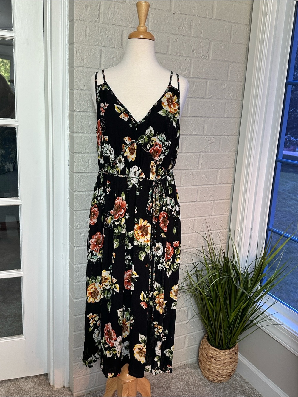 Torrid Black Floral Midi Dress with Tie Waist